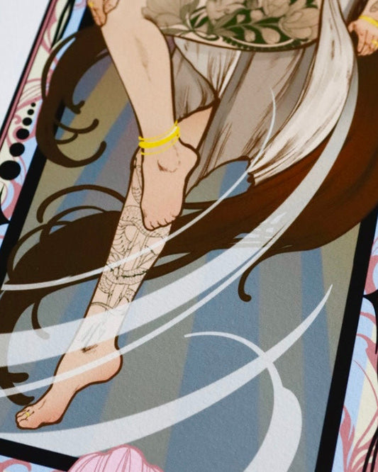 Tarot card with a stylized illustration of a woman holding a sword on a white background