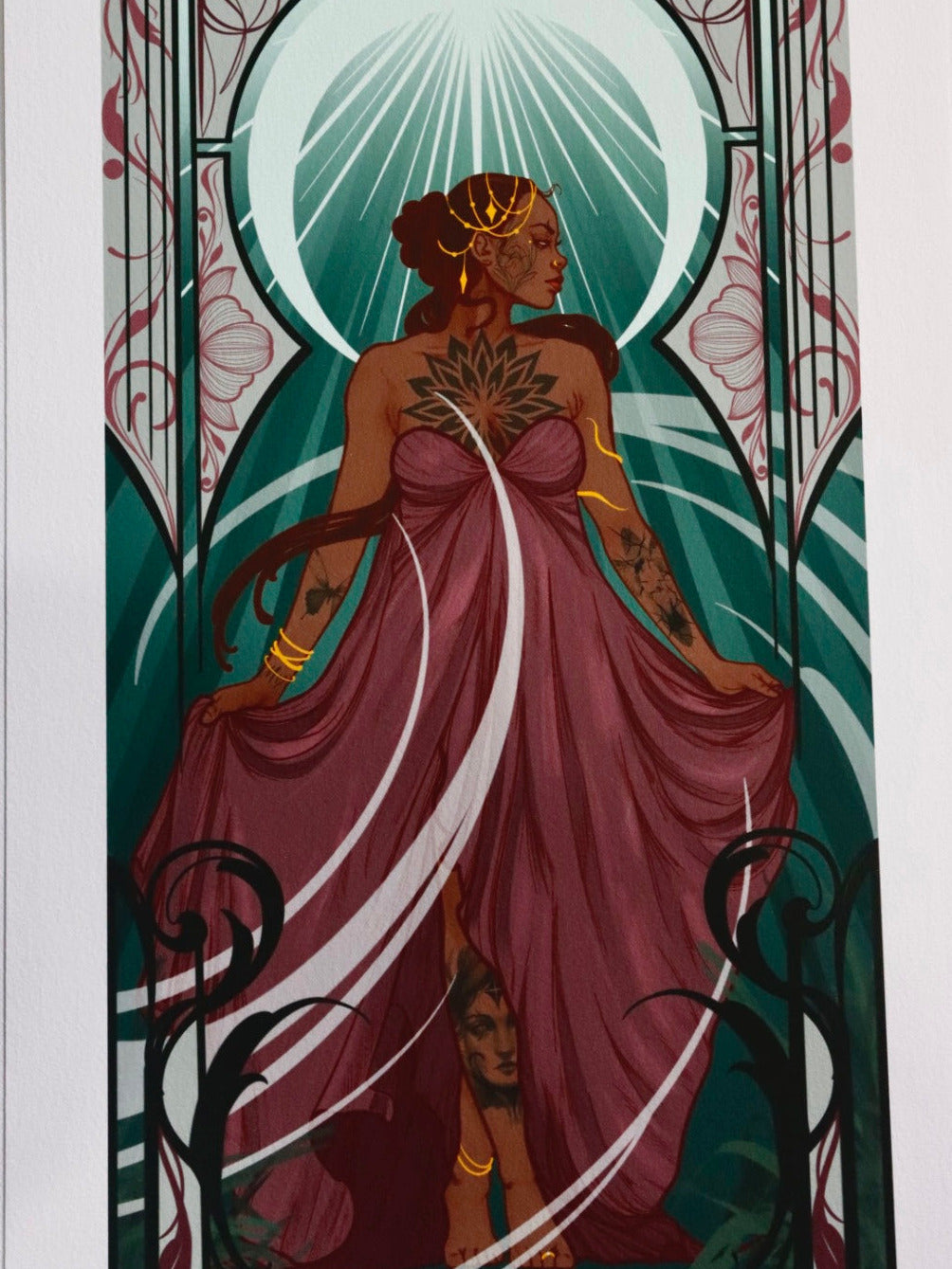 Artistic depiction of a woman in a flowing dress with decorative elements