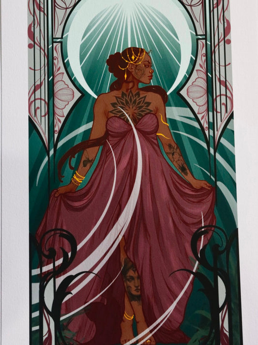 Artistic depiction of a woman in a flowing dress with decorative elements