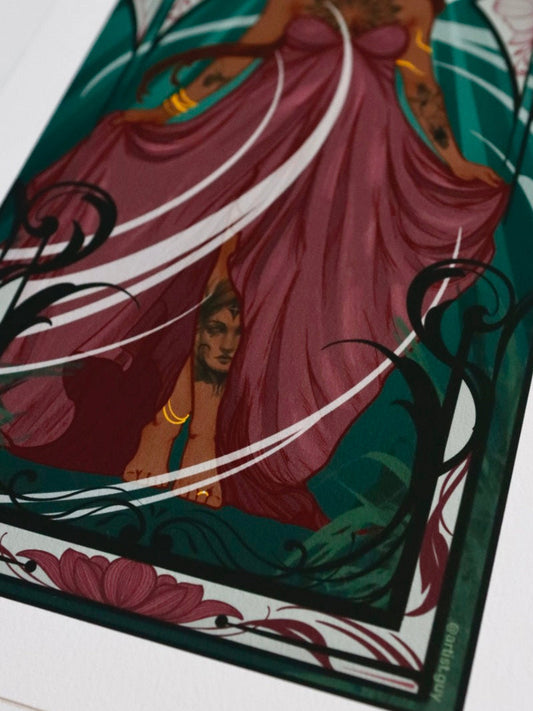 Artistic depiction of a woman in a flowing dress with intricate details on a white background