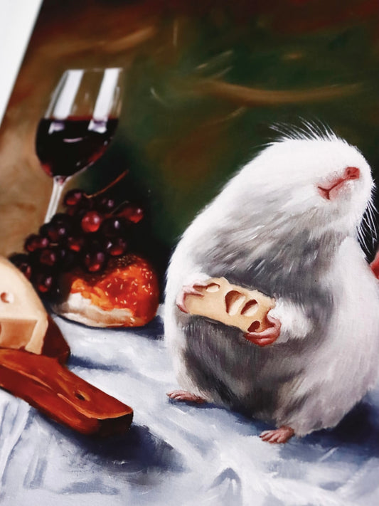 Painting of a mouse with a piece of bread and a glass of wine on a table.