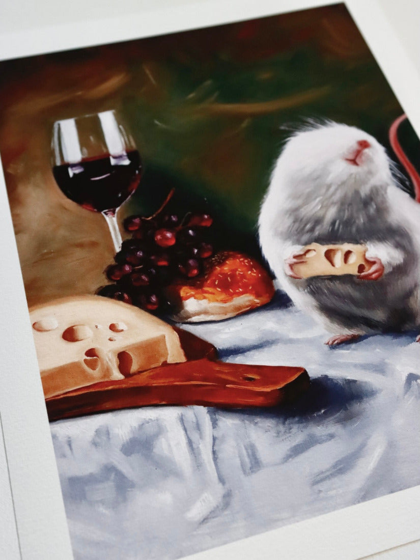 painting of a mouse with cheese, grapes, and a glass of wine on a tablecloth.