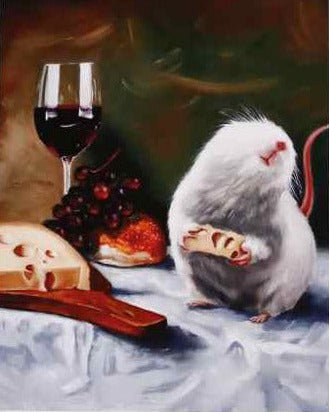 fine art painting of Mouse with a glass of red wine and cheese on a table