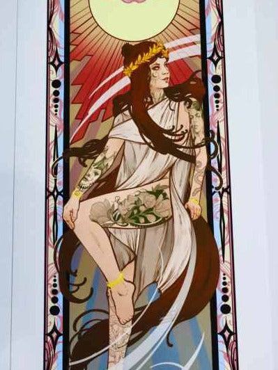 Artistic depiction of a woman with tattoos in a stylized, possibly tarot card-like design.