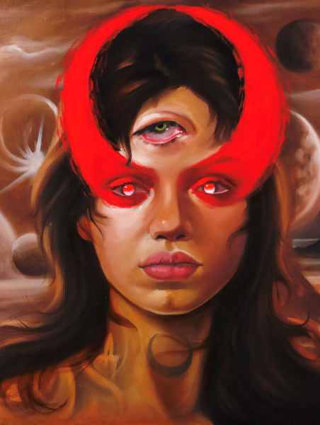 Artistic depiction of a woman with red eyes and a red circle over her head, set against a cosmic background.
