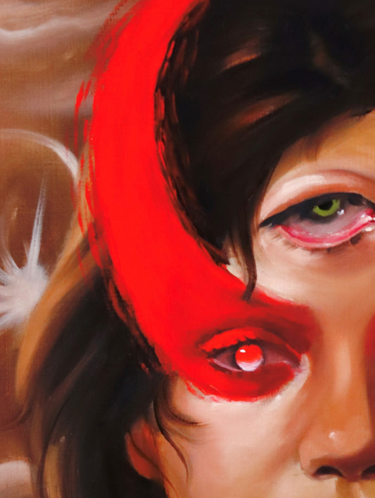 Artistic depiction of a woman with red eyes and a red circle around her head, set against a cosmic background.