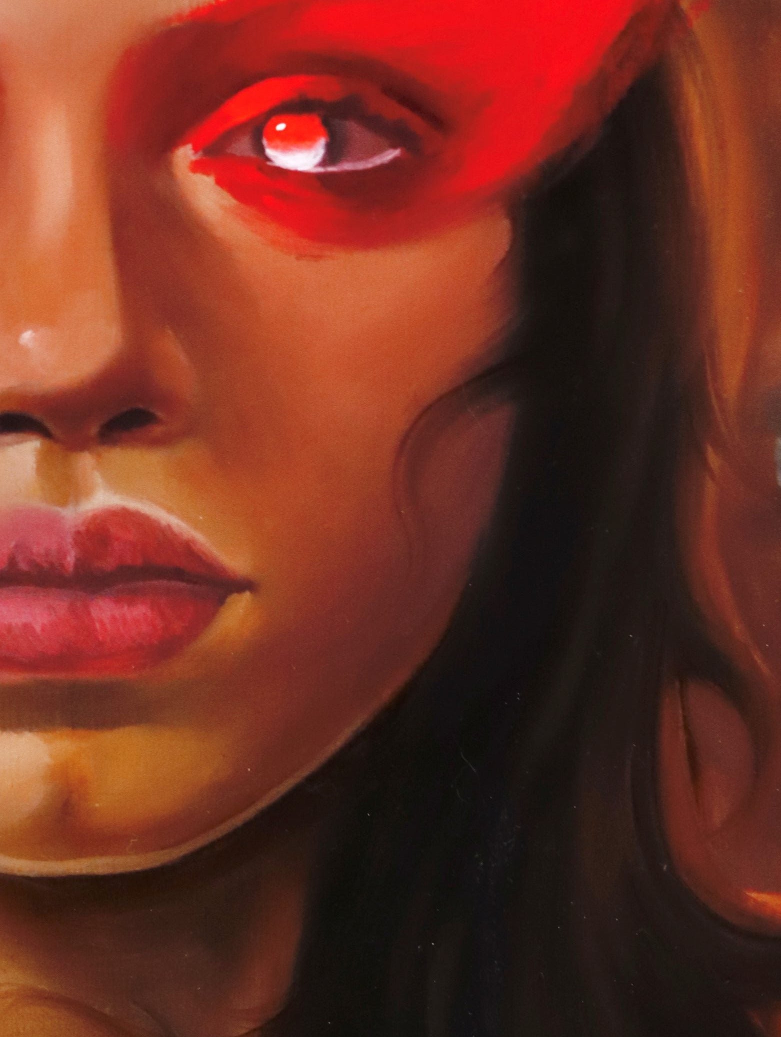 Artistic depiction of a woman with red eyes and a red circle around her head, set against a cosmic background.